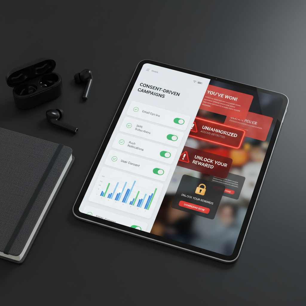 A digital tablet positioned on a dark, matte desk surface, its screen split into two contrasting halves: one side showing a well-organized mobile marketing dashboard with green check marks and clear consent toggles, the other side displaying chaotic pop-up ads, red warning triangles, and a small unlocked padlock icon. A pair of sleek wireless earbuds rests nearby, along with a closed charcoal-grey notebook. Cool, directional studio lighting from the right creates subtle highlights along the tablet’s metal edges and gentle gradients across the dark background. Shot from a slightly angled top-down perspective with sharp focus throughout, the composition uses rule-of-thirds framing to contrast ethical versus unethical practices, producing a polished, professional photographic image suited for a marketing ethics blog.