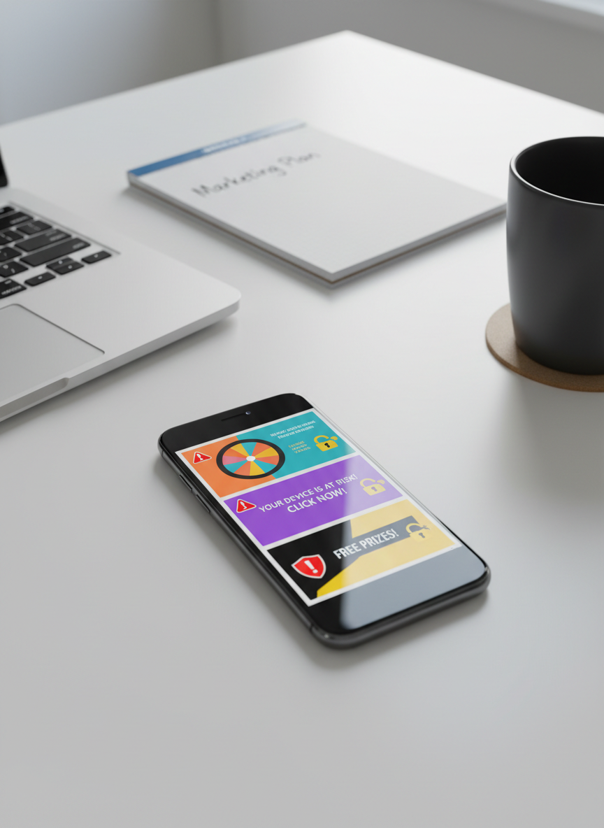 A sleek black smartphone lying face-up on a clean white desk, its screen glowing with a collage of colorful mobile ads, some with red warning icons and tiny padlock symbols slightly ajar. Around the phone are neatly arranged office objects: a silver laptop closed, a notepad with a simple “Marketing Plan” title, and a dark grey coffee mug, all slightly out of focus. Soft, diffused daylight from an unseen window to the left casts gentle, professional shadows and subtle reflections on the glass screen. Shot at an eye-level angle with a shallow depth of field, the composition feels modern and minimal, highlighting the contrast between polished technology and the hint of unethical, risky behavior suggested by the on-screen alerts, rendered in clean photographic realism.